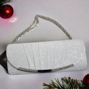NWT Elegant Silver Glitter Bling Pleated Evening Bag w/Chain, Cocktail Party